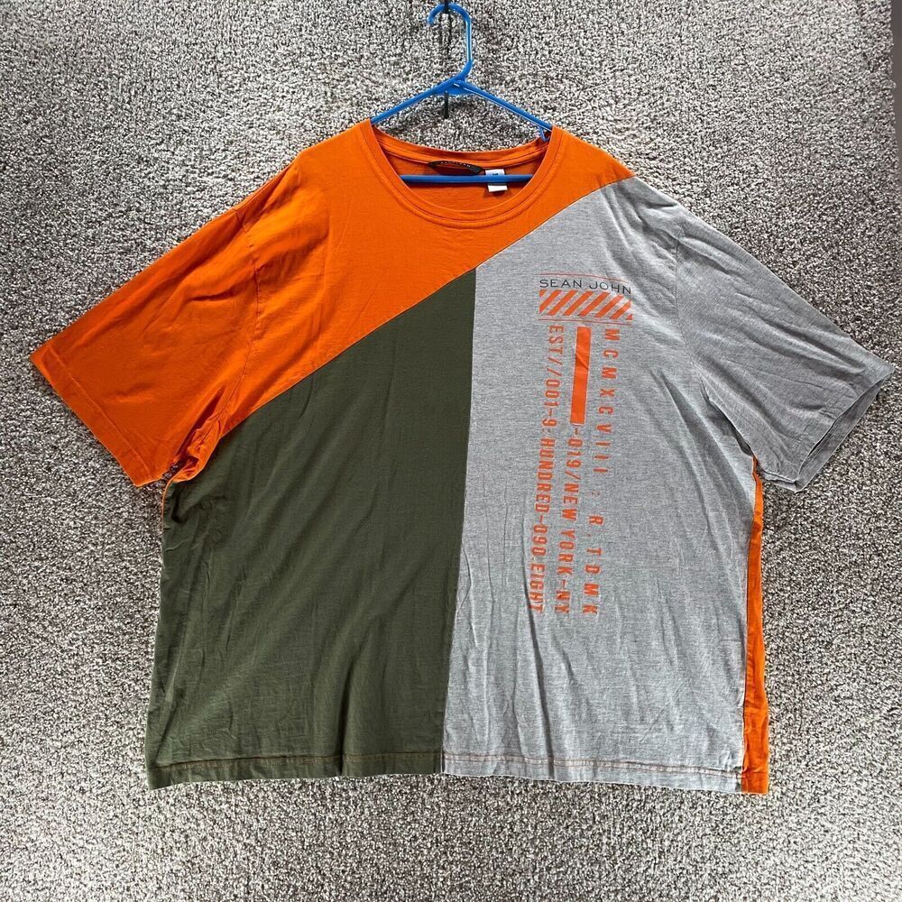 Sean John Shirt Mens 5XB Orange Gray Green Color Block Cotton Crew Neck Y2K VTG
